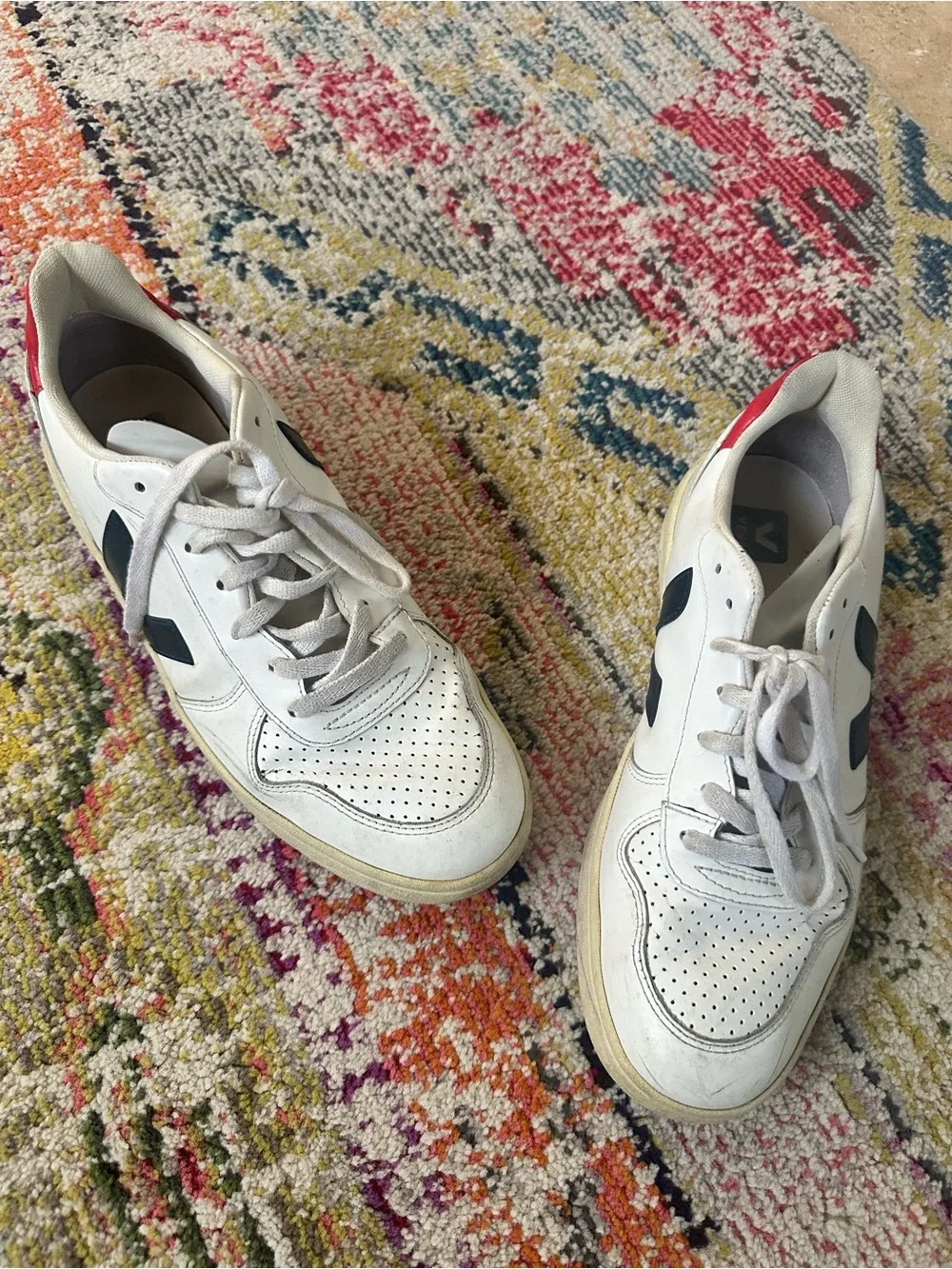 Veja Men's White Leather Sneakers with Navy V and Red Heel